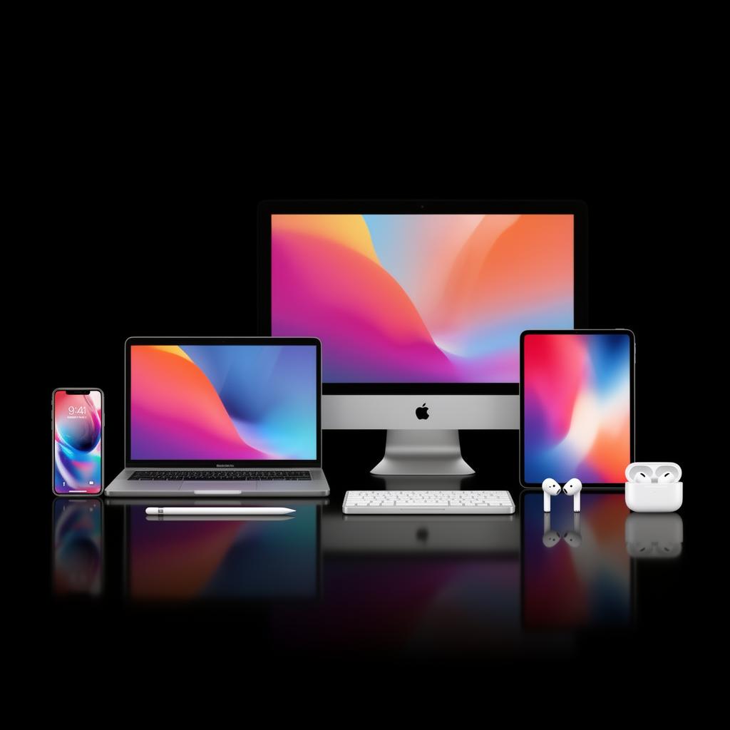 Composição com iPhone, MacBook, iMac, iPad, Apple Pencil e AirPods